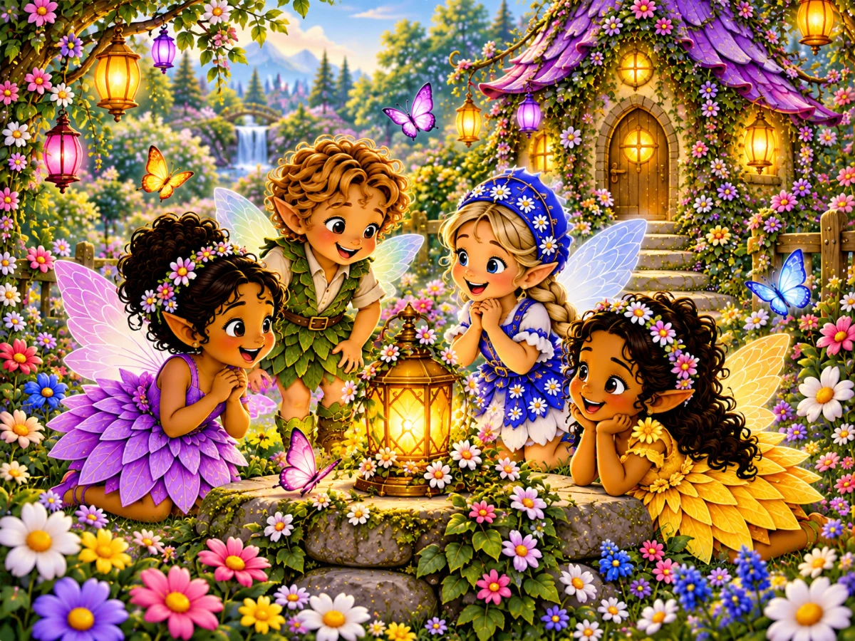 Fairy friends sharing a glowing lantern in the flower garden outside their cottage
