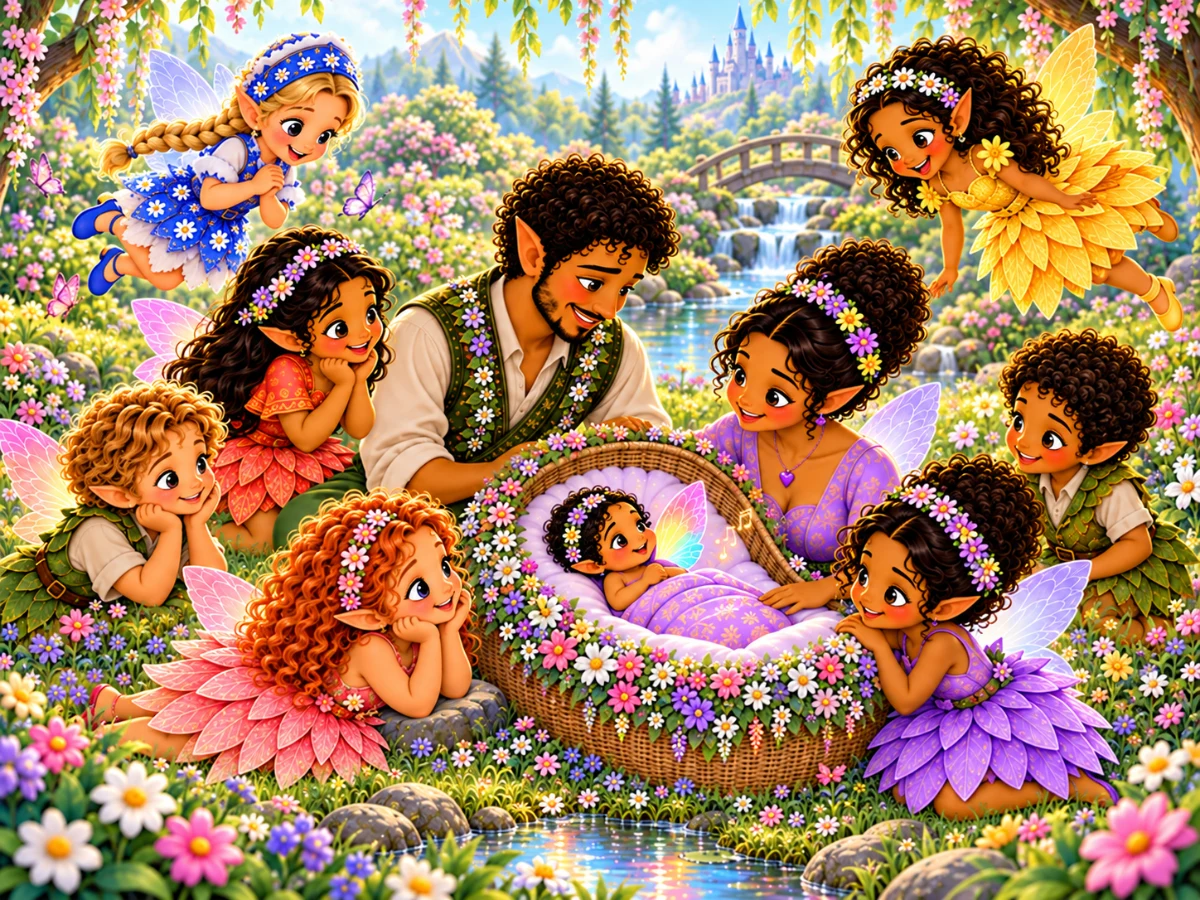 Rainbow, a baby fairy with one colourful wing, welcomed by her family and fairy friends
