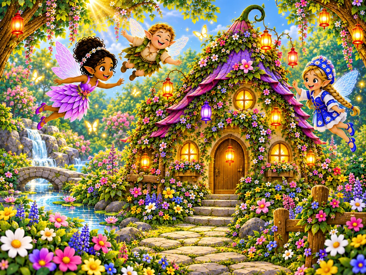 Fairies gathering around a flower-covered cottage in Fairy Vale